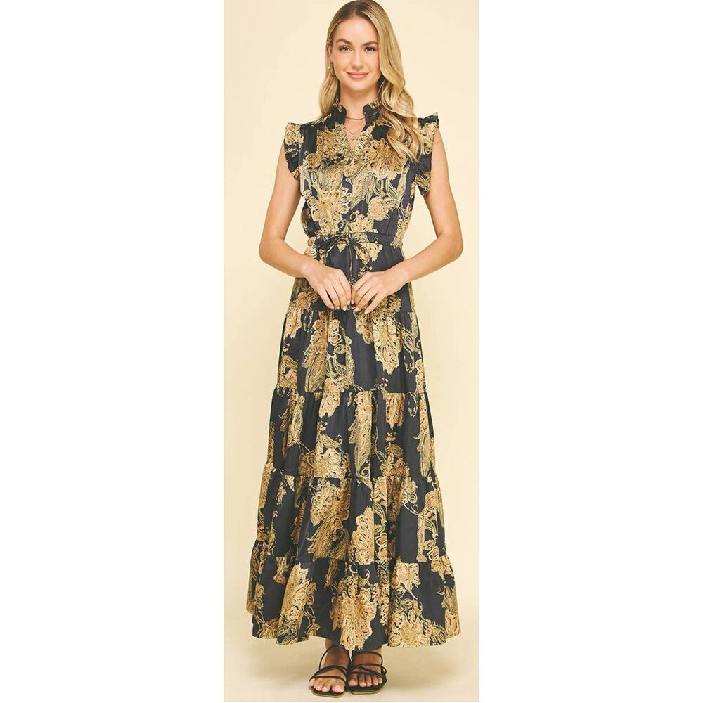 Pinch Floral Print Tiered Maxi Dress Black Womens Size Small New Ruffle